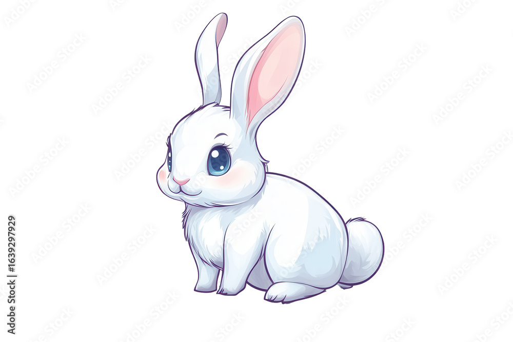 Fototapeta premium Cute rabbit sitting calmly with big eyes and soft white fur captured on a transparent background for creative use and design purposes