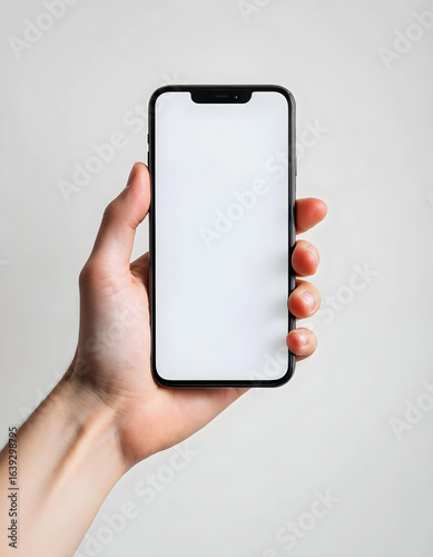 Hand Holding Smartphone with Blank Screen – Realistic Mockup for Mobile App Presentation, UI/UX Design, and Digital Marketing Templates on White Background
