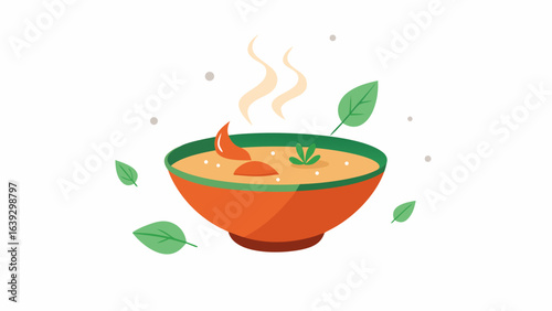steaming bowl of thai tom yum soup with herbs in cartoon style
