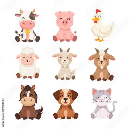 Collection of cute sitting baby animals. Cartoon illustration set including a cow, pig, chicken, lamb, goat, horse, puppy, and kitten.