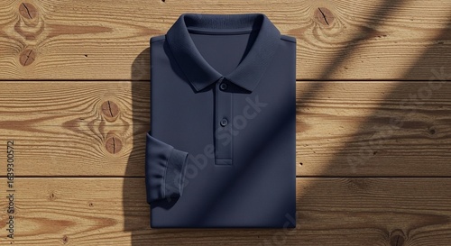 Top view of a blank navy polo shirt mockup, neatly folded on a sunlit wooden table.