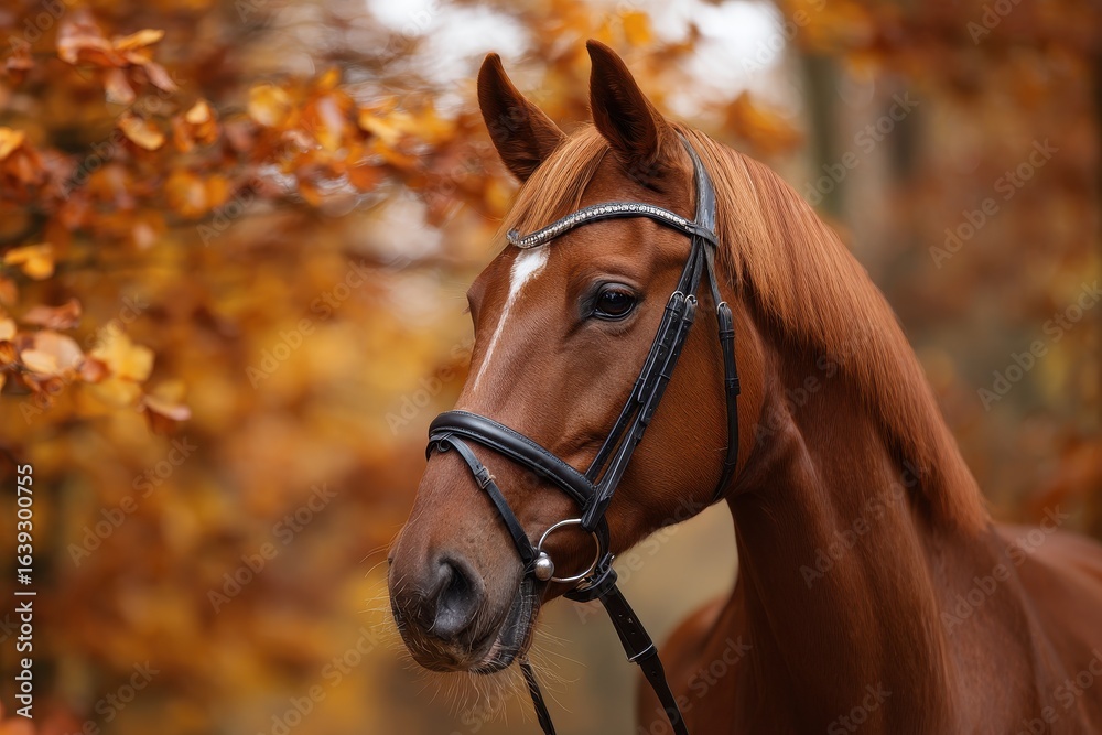 Obraz premium Chestnut horse with bridle standing among autumn foliage, showcasing the beauty of nature and equine elegance in a serene outdoor setting