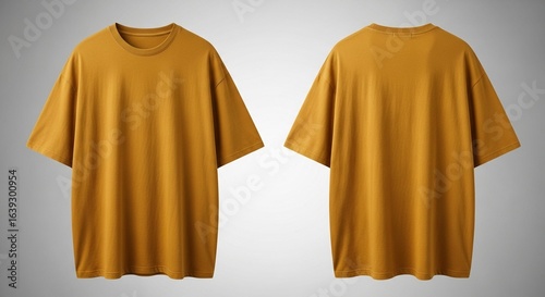 Blank mustard gold oversized cotton t-shirt mockup for apparel design, front and back
