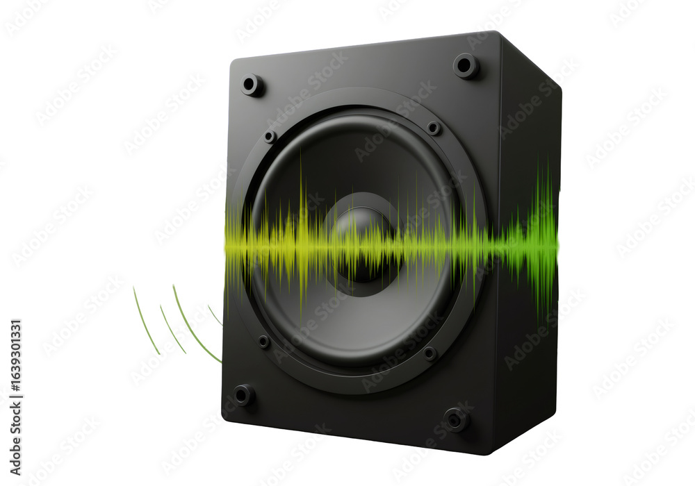 Fototapeta premium 黒いスピーカーから放出される緑のサウンドウェーブと透明な背景