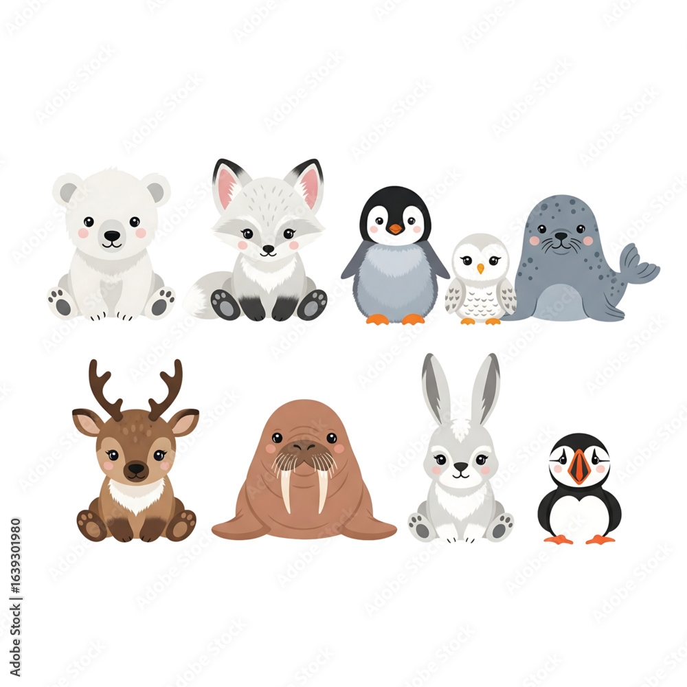 Fototapeta premium Cute cartoon arctic and polar animals collection. Vector set of a baby polar bear, fox, penguin, seal, and reindeer.