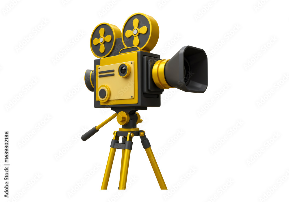 Obraz premium 黄金と黒のレトロな映画カメラ 三脚付き透明な背景に孤立