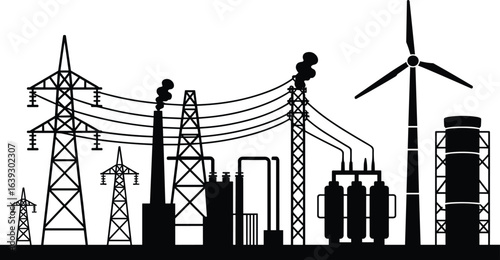 Industrial energy plant with power lines, wind turbine, electricity grid, transformer station, factory, oil refinery, renewable and nonrenewable sources