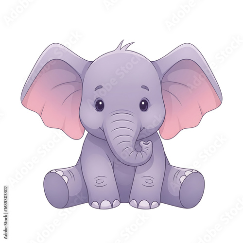 Adorable baby elephant cartoon sitting happily. Cute purple animal character illustration isolated on a white background.