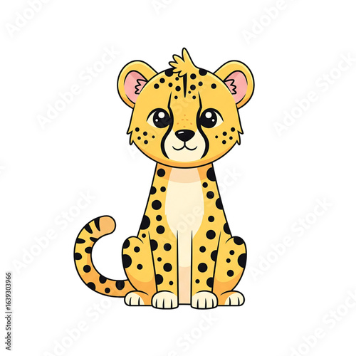Cute cartoon cheetah cub sitting and looking forward. Adorable baby jungle animal character illustration isolated on white background.