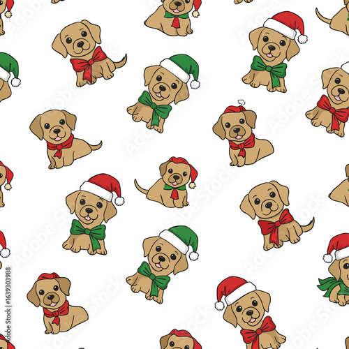 Seamless Christmas Pattern with Cute Labrador Puppies