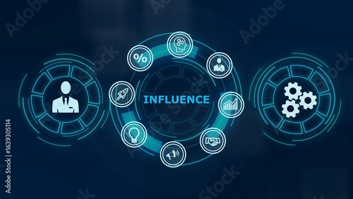 Business, Technology, Internet and network concept. Young working on a virtual screen of the future and sees the inscription: Influence
