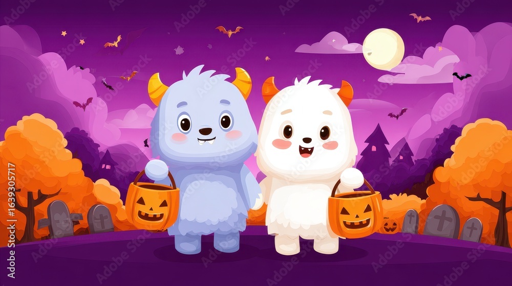 Fototapeta premium Adorable cartoon monsters in Halloween themed scene, holding pumpkin buckets under purple night sky with bats, full moon, and graveyard surrounded by autumn trees