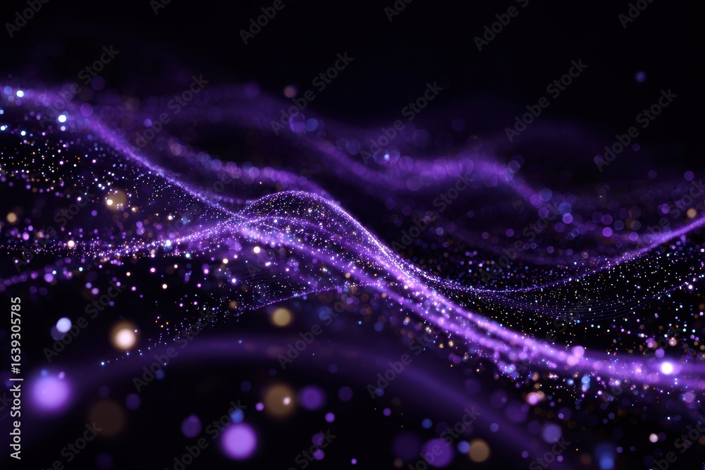 Fototapeta premium Digital purple particles create dynamic waves of light in an abstract cosmic landscape