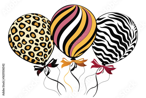 Three stylish balloons with animal prints and stripped pattern party decoration graphic illustration
