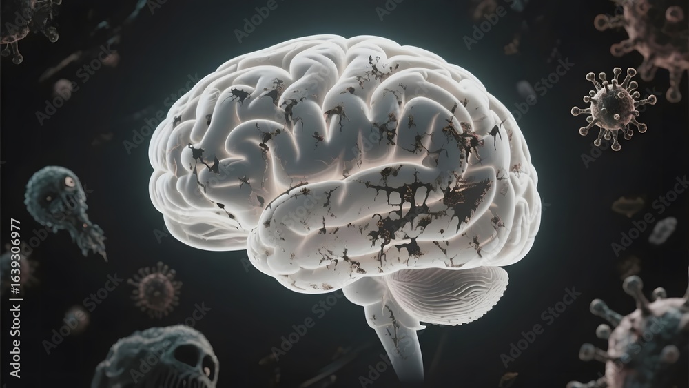 Obraz premium Human Brain Surrounded by Viral Particles