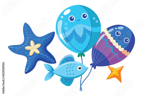 Playful ocean themed party elements with starfish fish and balloons illustration on a white background vector design