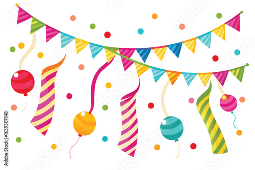 Party decoration with bunting balloons confetti and streamers cheerful holiday design festive celebration element joyful atmosphere and happy occasion