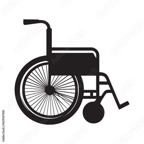 Silhouette illustration of a wheelchair with large wheels and hand grips on a white background graphic