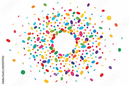 Festive multicolored confetti explosion with empty space in the center for celebrations and party themes ideal for design projects
