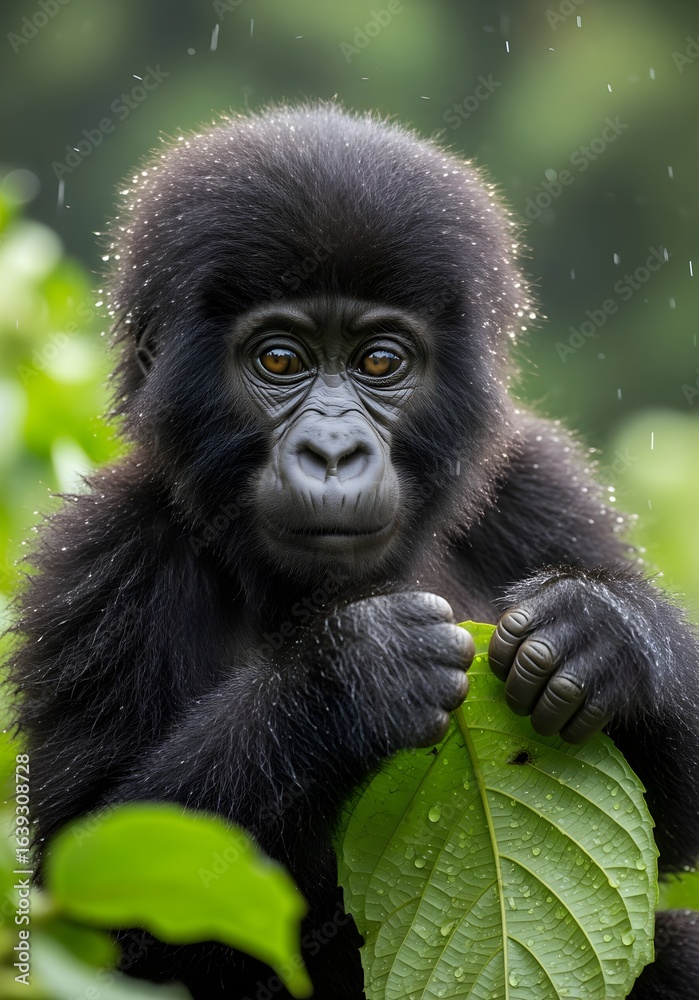Fototapeta premium Close up of Baby mountain gorillas in its natural habitat, Rwanda's Volcanoes National Park, Africa 