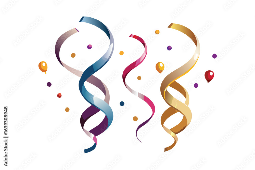 Obraz premium Celebration background with serpentine ribbons and confetti balloons for festive holiday party or decoration elements isolated on white background perfect for birthdays