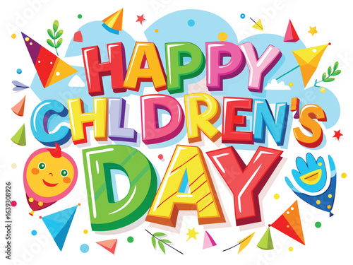 Colorful illustration celebrating Children's Day with joyful children playing and smiling in a vibrant outdoor setting.

