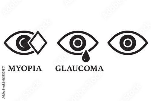 myopia, glaucoma, and cataract eye health symbols, eye disease illustrations, visual impairments, vision problems, glaucoma and eye care illustration