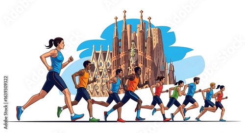 Diverse runners participate in a race with a famous architectural marvel towering in the background symbolizing a vibrant city marathon experience