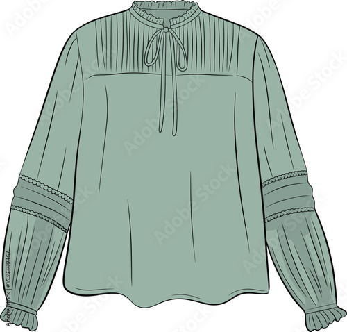 Feminine, stylish long-sleeved blouse with pin tucks and ruffles, fashionable elegant mint green top, detailed flat vector illustration.