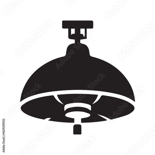 Illustration of a black ceiling light fixture with a dome shaped shade and a central light bulb holder