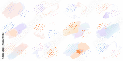 Abstract watercolor splashes with dotted patterns in pastel colors