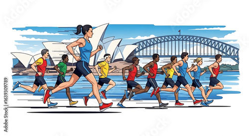 Dynamic depiction of a diverse group participating in a marathon with iconic landmarks showcasing athleticism endurance and the spirit of competition in a vibrant illustration