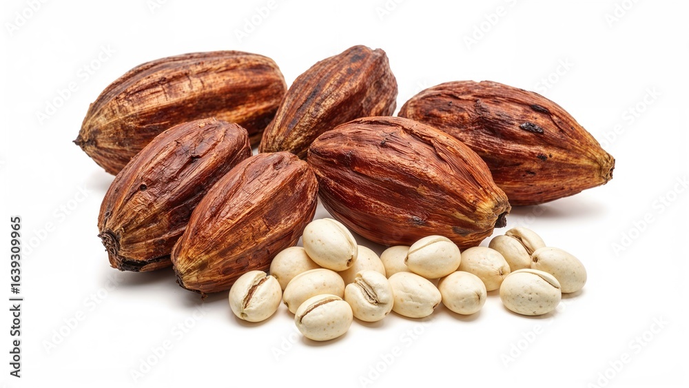 Cocoa pods and beans displayed separately as the chocolate base on white Cocoa pods and beans displayed separately as the chocolate base on white