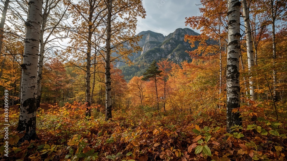 Obraz premium Colorful fall foliage alongside white birch trees in a scenic environment