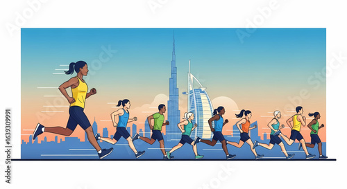 Diverse runners participating in a marathon against the backdrop of Dubai's iconic skyline, promoting fitness, community, and a vibrant urban lifestyle emphasizing health and wellness