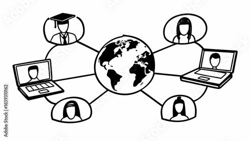 Illustration of global network with people connected via laptops and video conferencing online calls created with generated ai