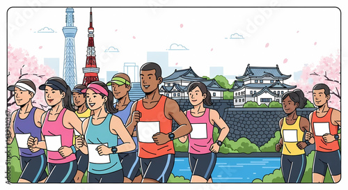 Diverse group of marathon participants running through a vibrant Japanese cityscape in an energetic race full of enthusiasm and competitive spirit