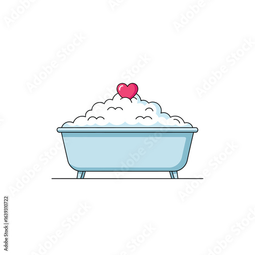 Vector art of bathtub filled with foam and a heart isolated on white background