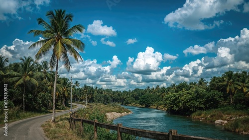 A lone coconut palm near a country path adjacent to a river