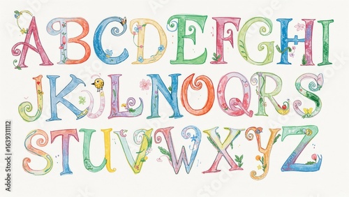 Vibrant watercolor style hand-drawn alphabet in a handwritten font