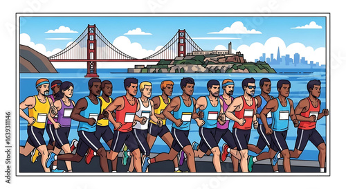 Cartoon illustration depicting a group of marathon runners in front of a cityscape featuring the Golden Gate Bridge and Alcatraz Island under a bright blue skyline