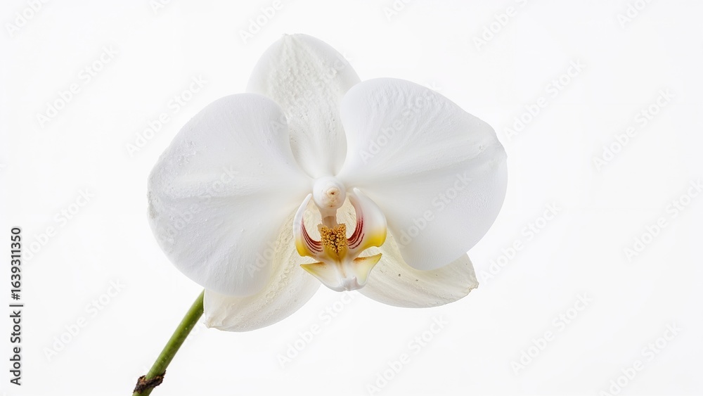 Obraz premium Isolated orchid blossom captured in close detail on a white surface