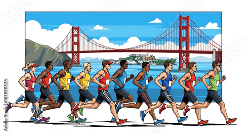 Vibrant illustration of a diverse group of marathon runners racing against the backdrop of the iconic Golden Gate Bridge on a sunny day, showcasing athleticism and determination