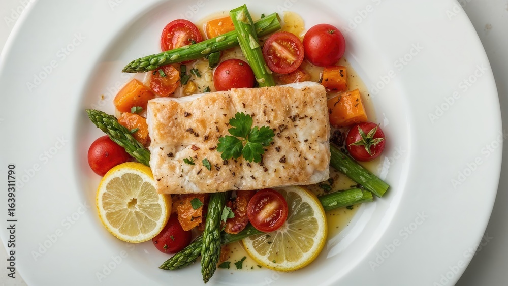 Close-up capture from above of a plate with a tender cooked fish fillet and an assortment of fresh vegetables. Close-up capture from above of a plate with a tender cooked fish fillet and an assortment of fresh vegetables.