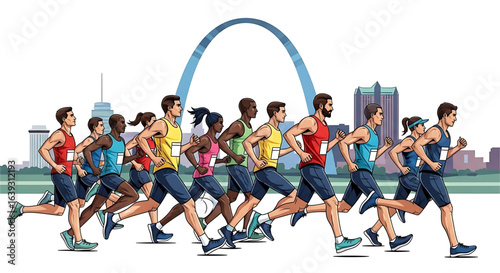 Diverse athletes participate in a marathon with the iconic Gateway Arch in the background, showcasing unity and determination in a vibrant cityscape run
