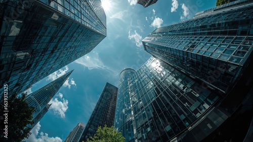 Wide-angle view of sleek glass towers on a bright sunny day using fisheye lens.