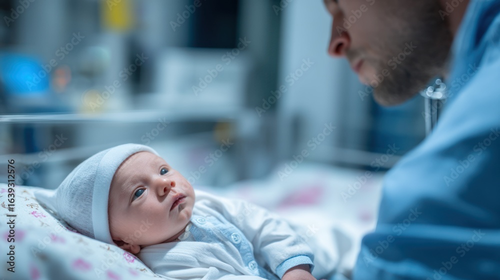 Fototapeta premium Calm newborn lying on hospital bed with attentive doctor nearby