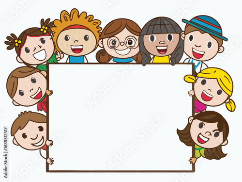 Diverse international children holding blank template for illustration