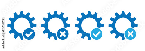 Gear Checkmark and Cross Icons. Gear icons featuring approval and disapproval symbols. Cogwheel vector icon.  Mechanics symbol. Vector illustration.