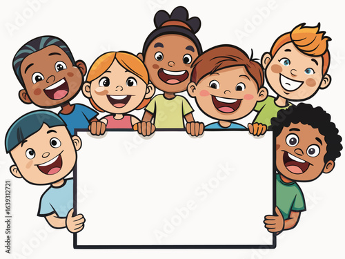 Diverse international children holding blank template for illustration